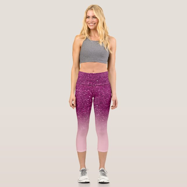 Modern Purple Pink glitter ombre sparkles blush Capri Leggings (Front)