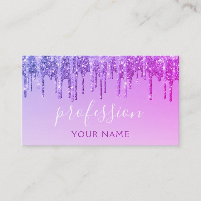 Modern Purple Pink Glitter Sparkle Hair Makeup Business Card (Front)