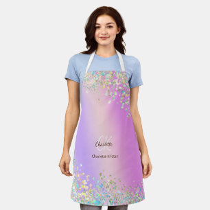 Modern Purple Pink Holographic Glitter Monogram Apron