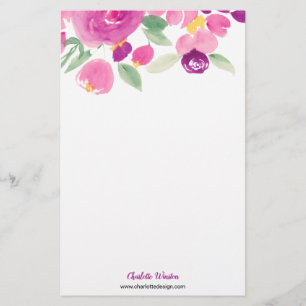 Modern purple pink loose floral watercolor flowers stationery
