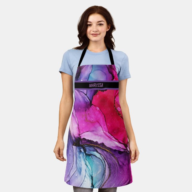 Modern Purple Pink Marbled Customisable Name  Apron (Worn)