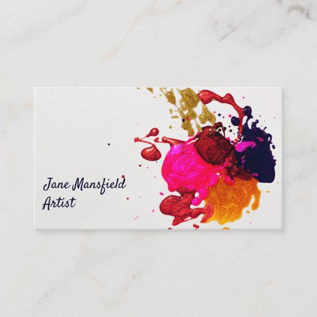 Modern Purple Pink Red Gold Paint Splatter Business Card (Front)