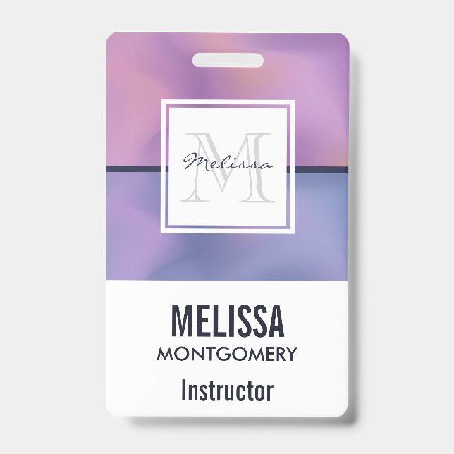 Modern Purple & Pink Swirling Abstract Monogram ID Badge (Front)