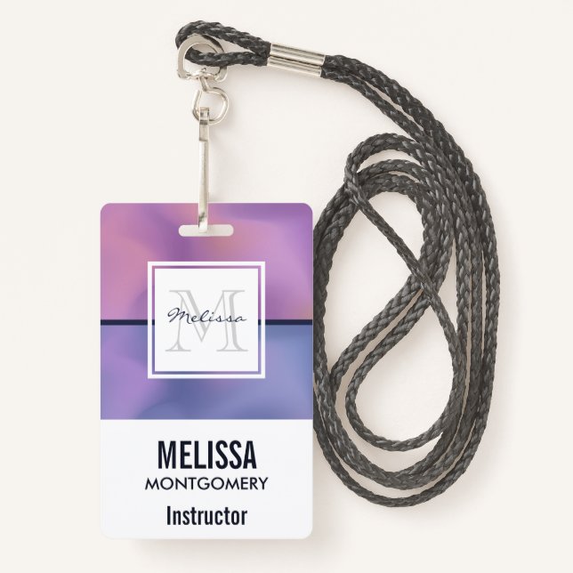 Modern Purple & Pink Swirling Abstract Monogram ID Badge (Front with Lanyard)