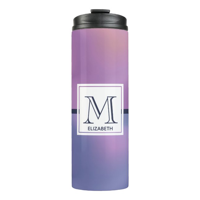 Modern Purple & Pink Swirling Abstract Monogram Thermal Tumbler (Front)