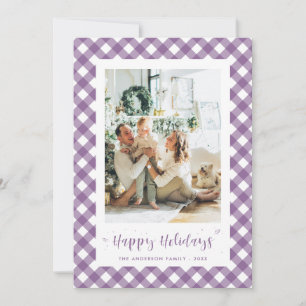 Modern Purple Plaid Calligraphy Photo Holiday Card