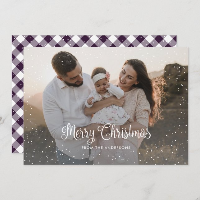 Modern Purple Plaid Snow Photo Merry Christmas Holiday Card (Front/Back)