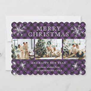 Modern Purple Plaid Snowflake 3 Photo Collage Holiday Card