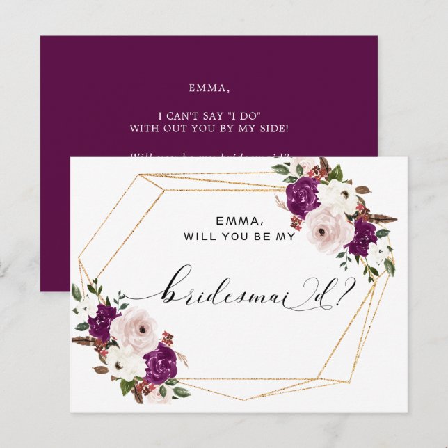 Modern Purple Plum Blush Pink Floral Bridesmaid Postcard (Front/Back)