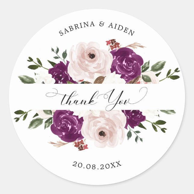 Modern Purple Plum Blush Pink Floral Wedding  Classic Round Sticker (Front)