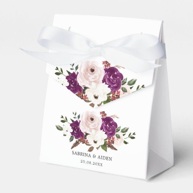 Modern Purple Plum Blush Pink Floral Wedding Favour Box (Front Side)