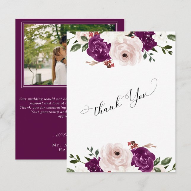 Modern Purple Plum Blush Pink Floral Wedding Thank You Card (Front/Back)
