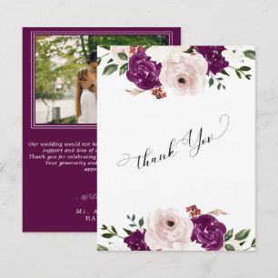 Modern Purple Plum Blush Pink Floral Wedding Thank You Card