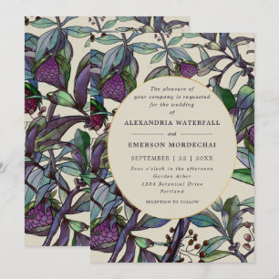 Modern purple plum watercolor floral leaf wedding invitation
