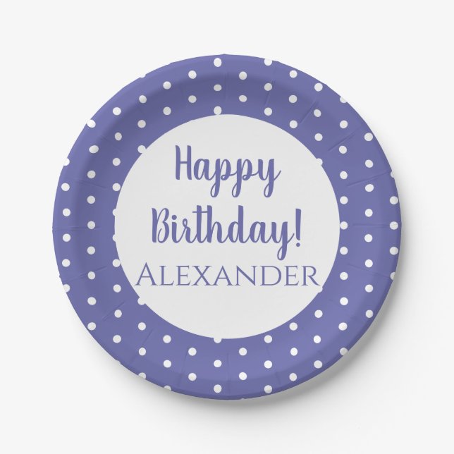 Modern Purple Polka Dots Name Birthday Party Paper Plate (Front)