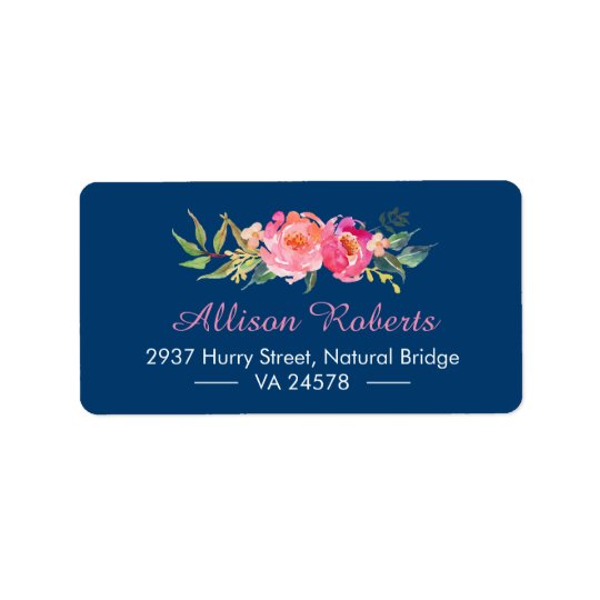 Modern Purple Red Pink Botanical Floral Navy Blue Address Label