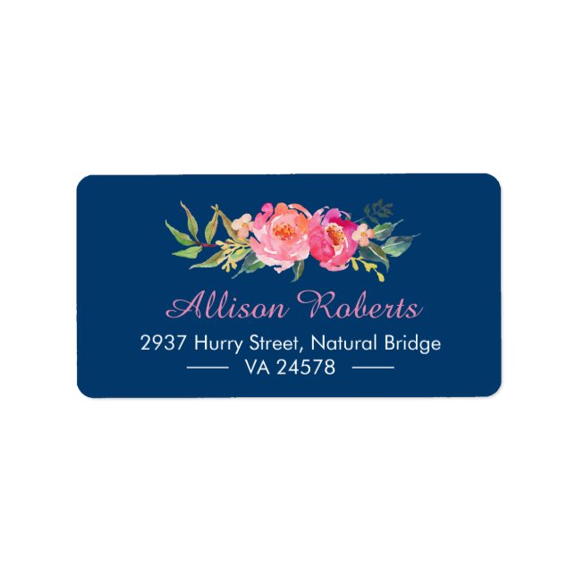 Modern Purple Red Pink Botanical Floral Navy Blue Label (Front)