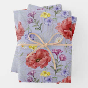 Modern Purple & Red Wildflower Pattern Wrapping Paper Sheet
