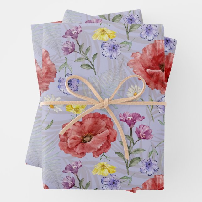Modern Purple & Red Wildflower Pattern  Wrapping Paper Sheet (In situ)