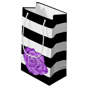 Modern Purple Rose Black White Striped Wedding Small Gift Bag