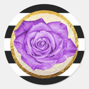 Modern Purple Rose Faux Gold Foil Striped Wedding Classic Round Sticker