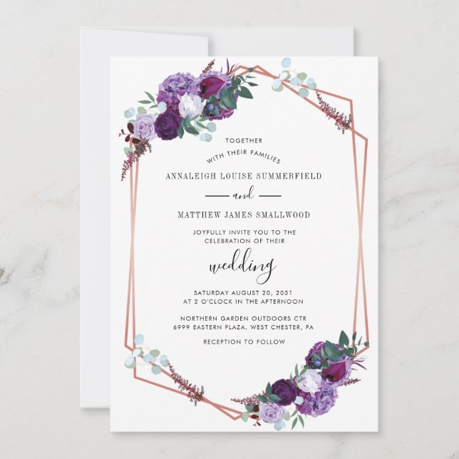 Modern Purple Rose Gold Geometric Floral Wedding Invitation (Front)