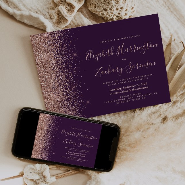 Modern Purple Rose Gold Glitter Wedding Invitation (Creator Uploaded)
