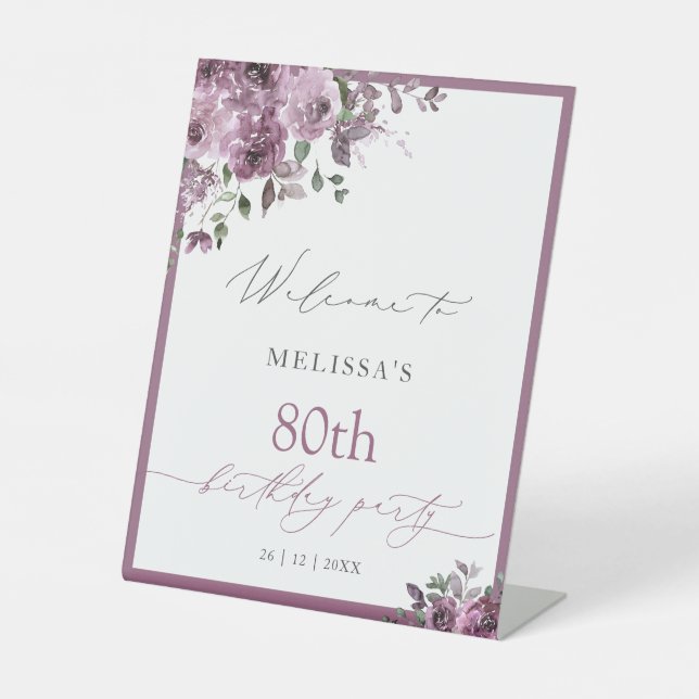 Modern Purple Roses Any Age Birthday Welcome Pedestal Sign (Front)