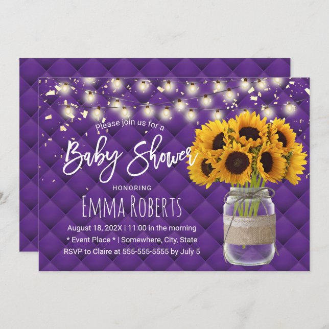 Modern Purple Rustic Sunflower Jar Baby Shower Invitation (Front/Back)