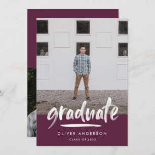 Modern purple script 3 photo stylish graduation invitation