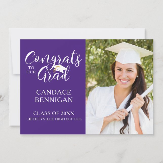 Modern Purple Script CONGRATS GRAD Photo Announcement (Front)