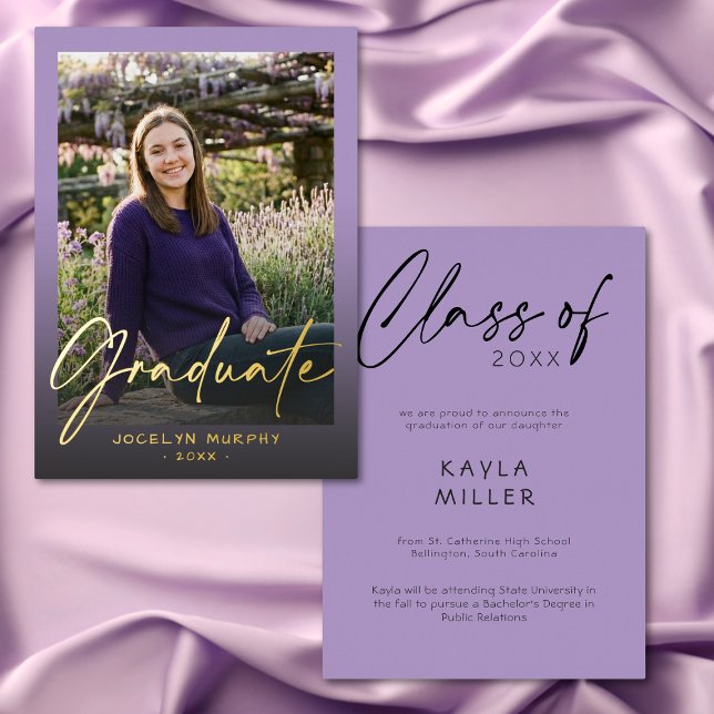 Modern Purple Script Graduation Photo Announcement (Modern Purple Script Graduation Photo Announcement)