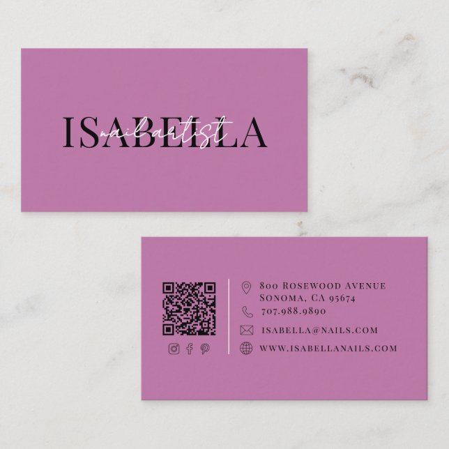 Modern Purple Script Nail Artist Business Card (Front/Back)
