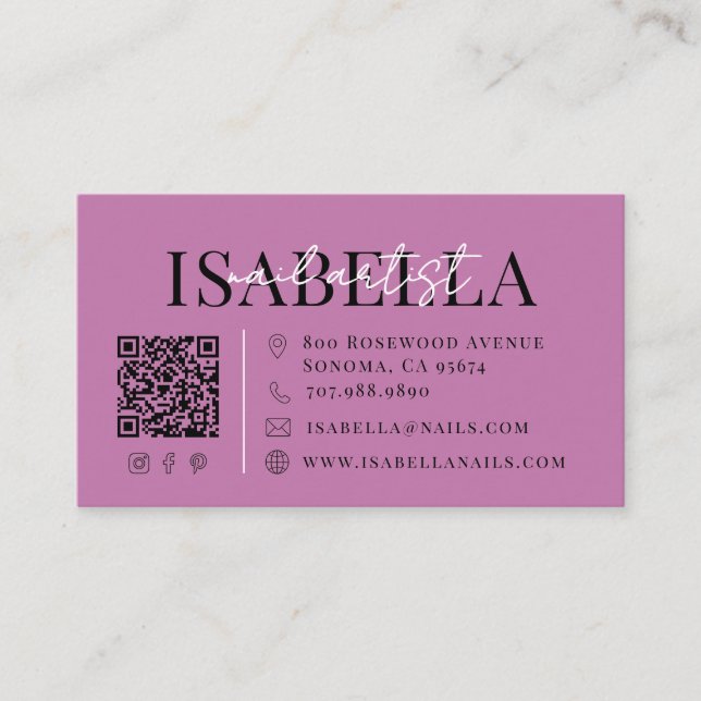 Modern Purple Script Nail Artist Business Card (Front)
