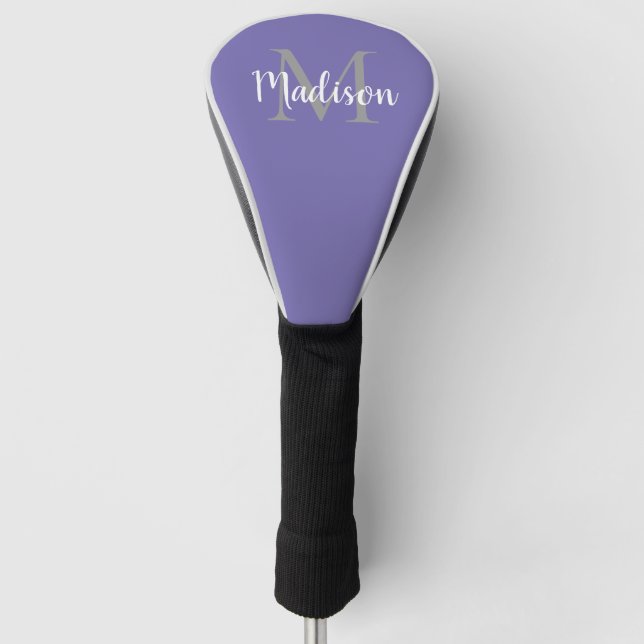 Modern Purple Script Name Personalised Monogram Golf Head Cover (Front)