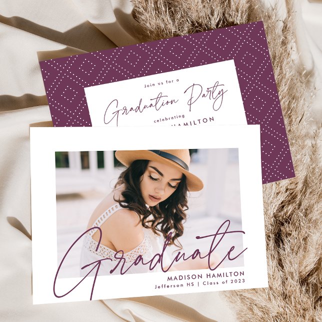 Modern Purple Script Photo Graduation Party Invitation (Creator Uploaded)
