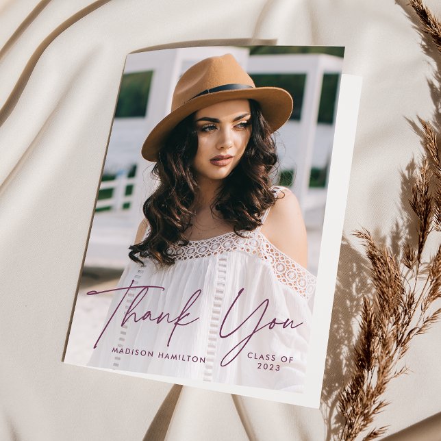 Modern Purple Script Photo Graduation Thank You Card (Creator Uploaded)
