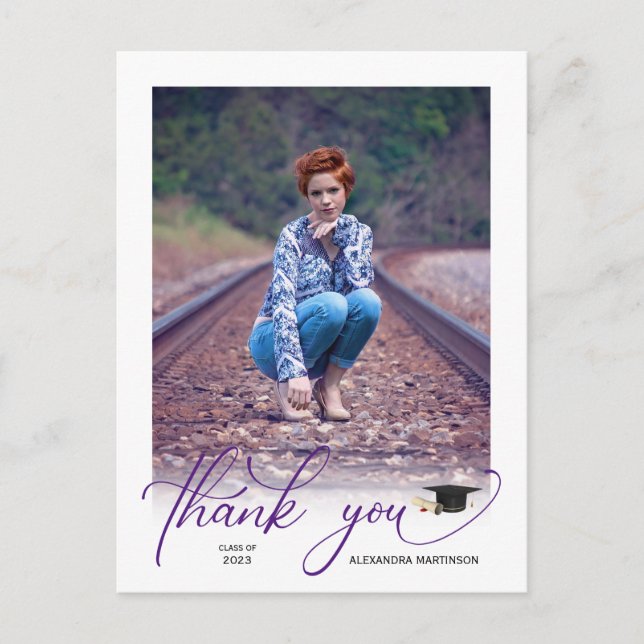 Modern Purple Script PhotoGraduation Thank You Postcard (Front)