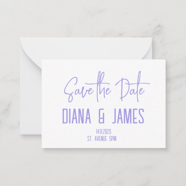 Modern Purple Script Save the date Card (Front)