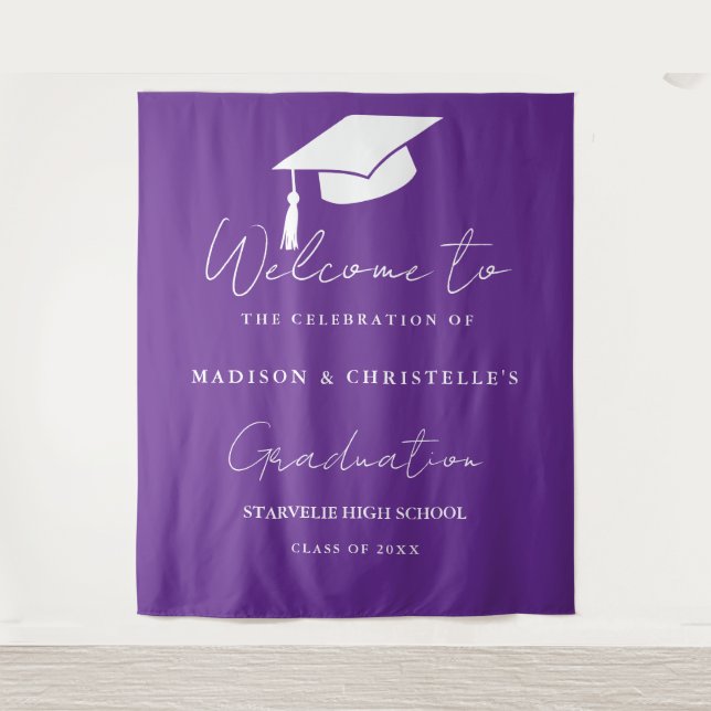 Modern Purple Script Twin Graduation Party Welcome Tapestry (Front)