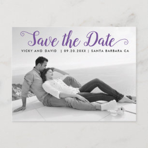 Modern purple script wedding Save the Date photo Postcard