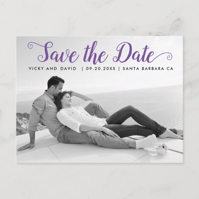 Modern purple script wedding Save the Date photo Postcard (Front)
