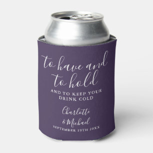 Modern Purple Signature Script Wedding Can Cooler