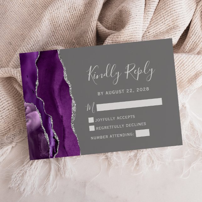 Modern Purple Silver Agate Grey Wedding RSVP Card (Creator Uploaded)