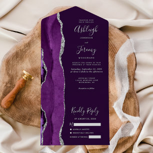 Modern Purple Silver Agate Plum Wedding All In One Invitation