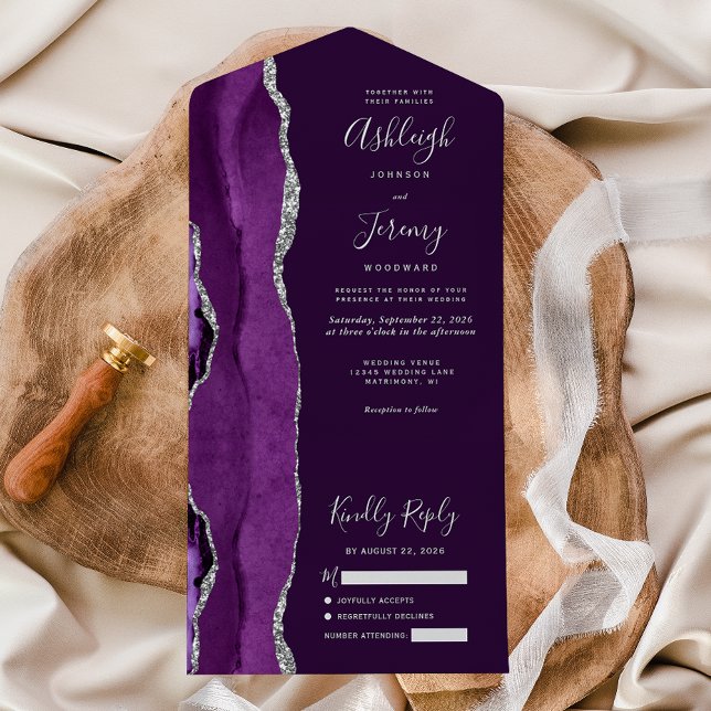 Modern Purple Silver Agate Plum Wedding All In One Invitation (Creator Uploaded)