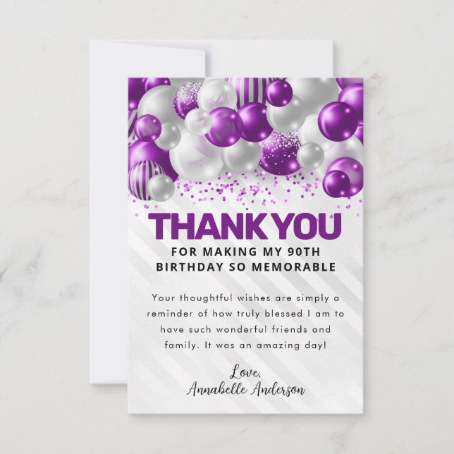 Modern Purple Silver Balloon Glitter Birthday Thank You Card (Front)