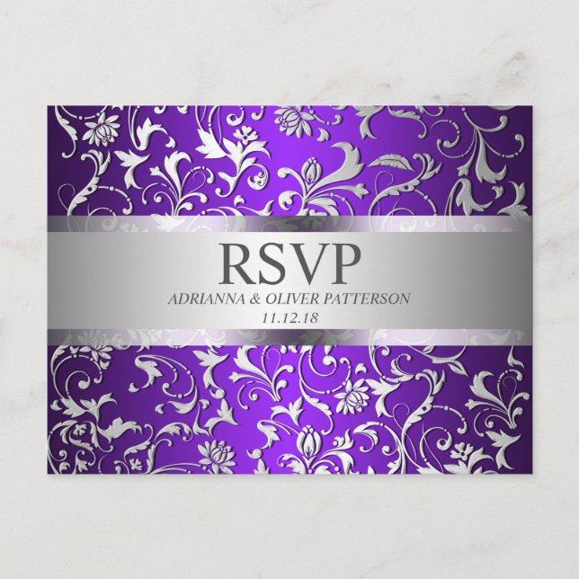 Modern Purple Silver Floral Wedding RSVP Invitation Postcard (Front)