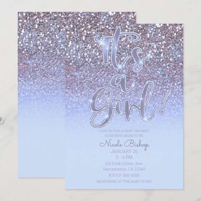 Modern Purple Silver Glam Glitter Girl Baby Shower Invitation (Front/Back)
