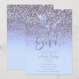 Modern Purple Silver Glam Glitter Girl Baby Shower Invitation